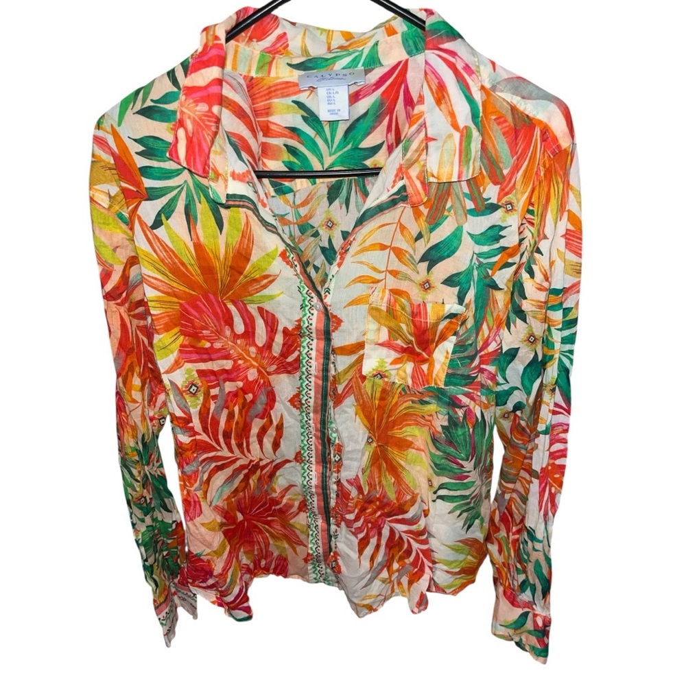 🩷 Calypso St Barth Tropical Leaf Button Up Dress Shirt LARGE ORANGE GREEN